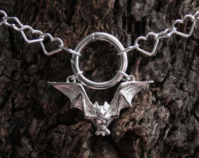 Gothic Bat ~ Discrete O ring Day Collar / Slave Necklace. Sterling silver Heart chain. Captive / Infinity / Eternity ring. Choker / necklace