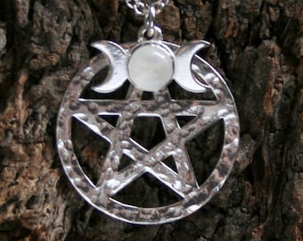 Pentacle & Triple Goddess double Pendant ~ Sterling Silver and Rainbow Moonstone. Two pendants in one!
