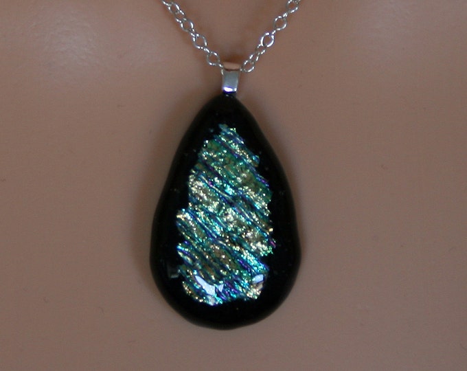 Black Rainbow 'Angel's Tears' Pendant ~ Fused glass & sterling silver Pendant. Rainbow dichroic set in Black.