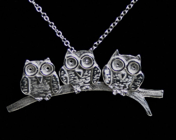 Handmade 'Owlet collection' 'Three babies on a Branch' Pendant. Cute engraved 3D owls on a branch. Hallmarked Eco friendly Sterling Silver