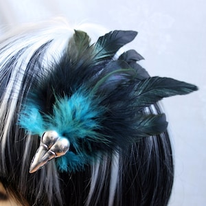 Exclusive &#39;Black & Teal Raven&#39; hair grip / fascinator in Green shimmer black and Teal blue.