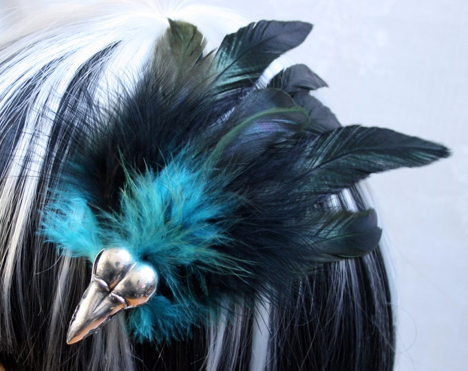 Exclusive 'Black & Teal Raven' hair grip / fascinator in Green shimmer black and Teal blue.