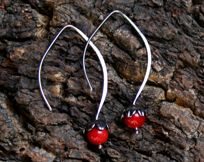 Dew Drop. Sterling Silver and Coral floral drop earrings. Exclusive design. Flower drops. Red. Choose natural or blackened silver.