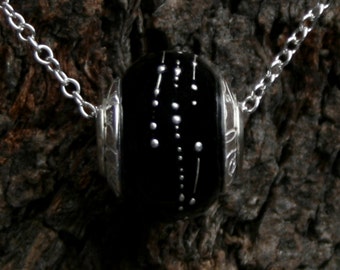 La Nuit ~ Lampwork big hole Focal bead. Hand made full sterling silver core & caps. Fine silver wrapped. Organic. Darkest glossy Black