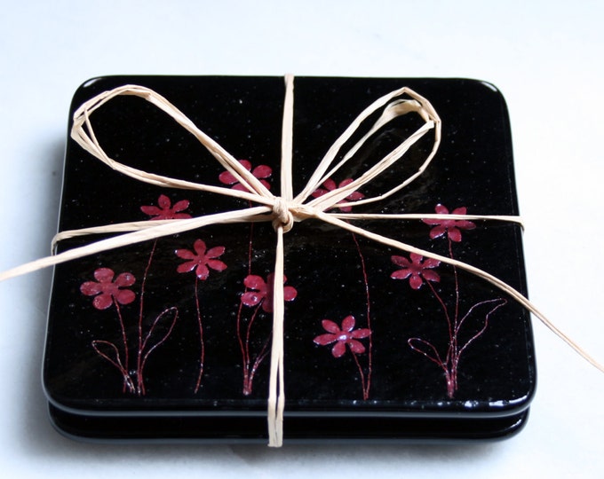 Fused glass coasters 'Flower Garden'  Real copper flowers encapsulated in glass. Choose 2 or 4. Customizable. Choose background glass color.