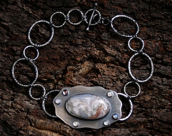 Dreamstime. Crazy Lace Agate, Labradorite, Moonstone and Sterling Silver bracelet. Fully UK hallmarked. White, Grey, Russet, Tan, Pale Blue.