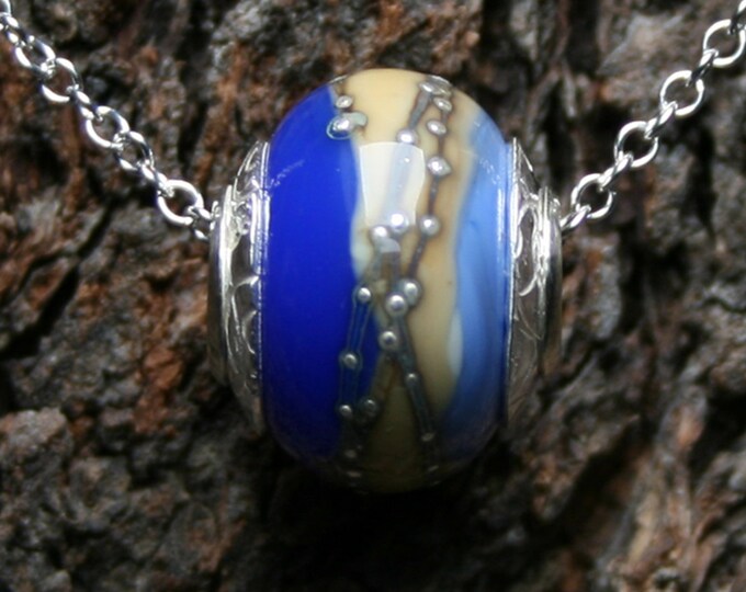 Beach Memories ~ Lampwork big hole Focal bead. Hand made full sterling silver core & end caps. Fine silver wrapped. Organic. Sea, Sand, Sky.