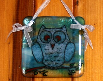 Hand painted, fused glass hanging ornament. 'Owlets' Cute baby owl design 10x10cm / 4x4 inches plus hanging ribbon