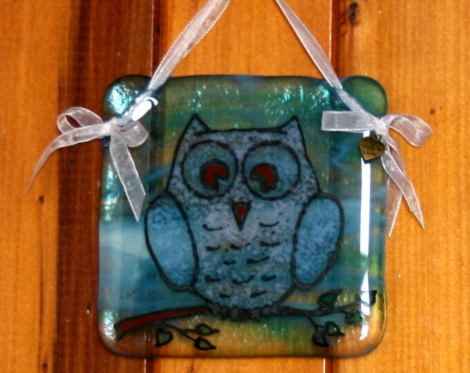 Hand painted, fused glass hanging ornament. 'Owlets' Cute baby owl design 10x10cm / 4x4 inches plus hanging ribbon