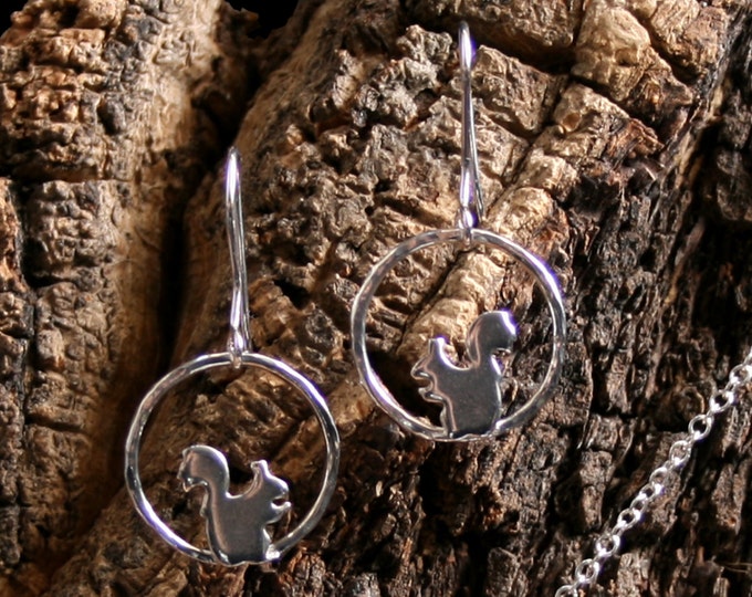 Little Squirrel. Sterling Silver dangle earrings. 'Forest friends' collection. Sitting Squirrel. Little squirrels. Drop earrings.