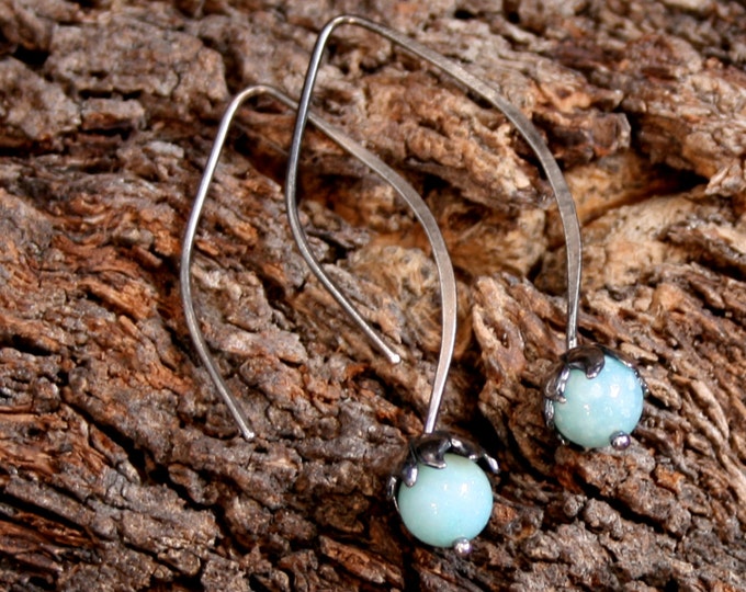 Daisy Drop. Sterling Silver and Amazonite floral drop earrings. Exclusive design. Blue Flower drops. Choose natural or blackened silver.