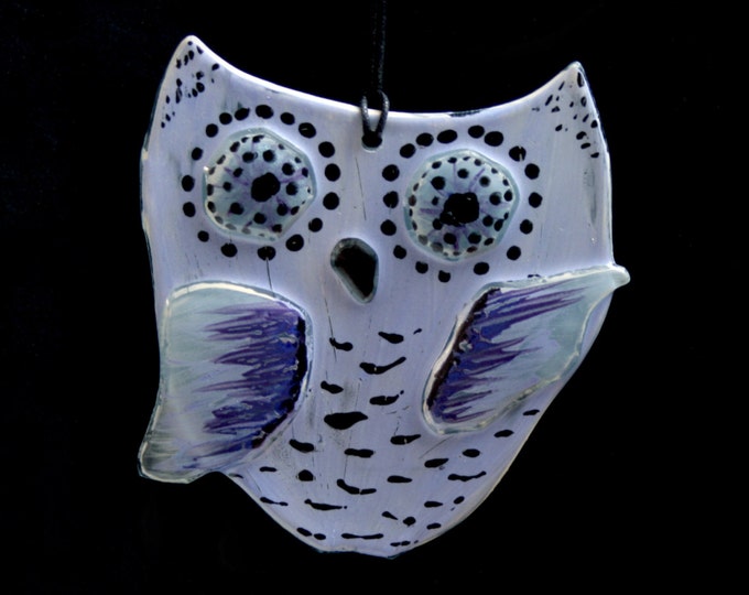 OOAK Hand painted, fused glass hanging ornament. 'Owlet - rustique groovy baby!'  Cute 'dancing' baby owl. 3D fused glass owl. Lilac & Mauve