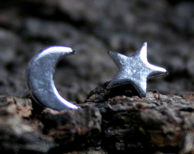 Moon & Stars. Sterling Silver stud earrings. 'Forest friends' collection. Mis-match or two of the same. Tiny crescent moons and little stars
