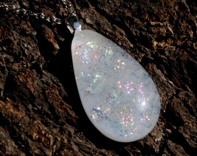 Bridal White 'Angel's Tears' Pendant ~ Fused glass & sterling silver Pendant. Sparkly pastel pieces of dichroic glass on a Bridal White base