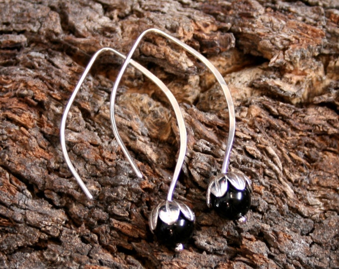 Dew Drop. Sterling Silver and Black Onyx floral drop earrings. Exclusive design. Flower drops. Choose natural or blackened silver.