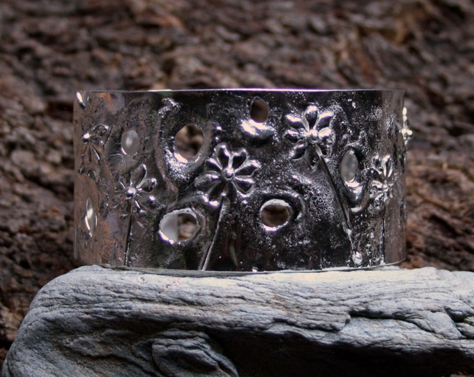 Sterling Silver Cuff Bracelet. 'Ma Petite Fleur - Memories of Spring' Reticulated Silver. One of a Kind. Eco-friendly recycled silver.