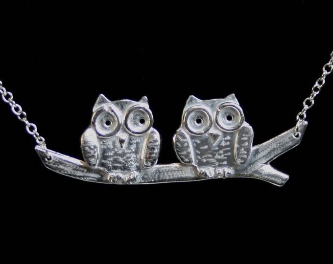 Handmade 'Owlet collection' 'Two babies on a Branch' Necklace. Cute engraved 3D baby owls. Fully UK Hallmarked Eco friendly Sterling Silver