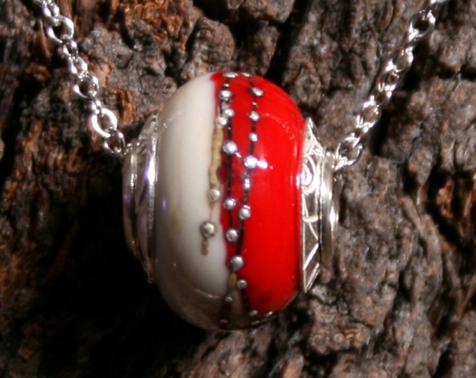 Secret Passions ~ Lampwork big hole Focal bead. Hand made full sterling silver core & caps. Fine silver wrapped. Organic. Ivory + Blood Red.