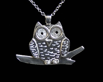 Handmade 'Owlet collection' 'Owl on a Branch' Pendant. A cute engraved 3D owl on a branch. Fully UK Hallmarked Eco friendly Sterling Silver
