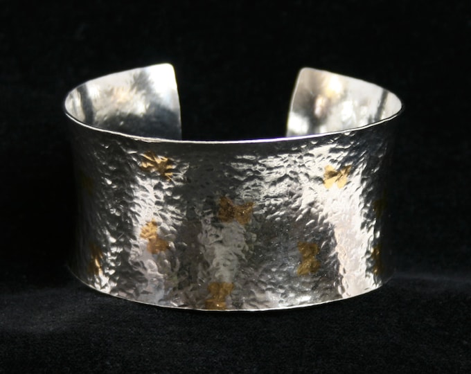 Wide Keum Boo cuff bracelet 'Gold butterfly' Traditionally hand made with textured finish. Fully UK Hallmarked Sterling Silver and 24k gold.