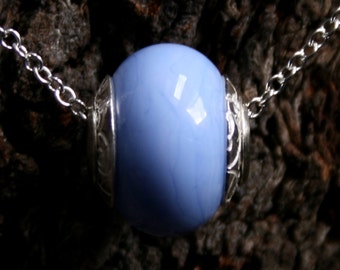 Forget me Not ~ Lampwork big hole focal bead. Hand made full sterling silver core & end caps. Organic. Pretty blue.