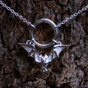 Gothic Bat ~ Discrete O ring Day Collar / Slave Necklace. Sterling silver. Story of &#39;O&#39; collar. Captive ring collar. Choker / necklace