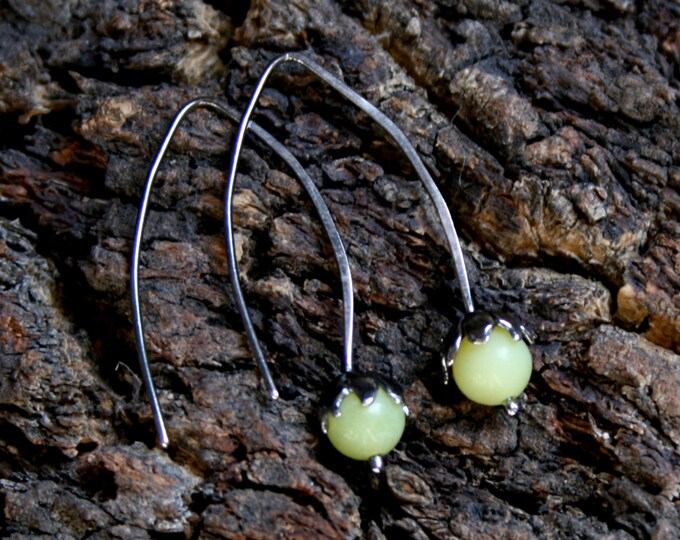 Daisy Drop. Sterling Silver and Olive Jade floral drop earrings. Exclusive design. Flower drops. Choose natural or blackened silver.