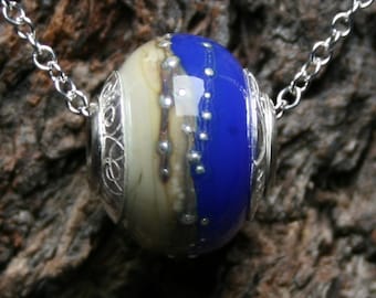 Saphira ~ Lampwork big hole Focal bead. Hand made full sterling silver core & end caps. Fine silver wrapped. Organic. Cobalt blue and Ivory