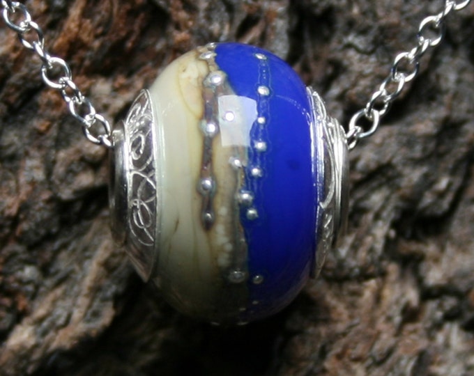 Saphira ~ Lampwork big hole Focal bead. Hand made full sterling silver core & end caps. Fine silver wrapped. Organic. Cobalt blue and Ivory