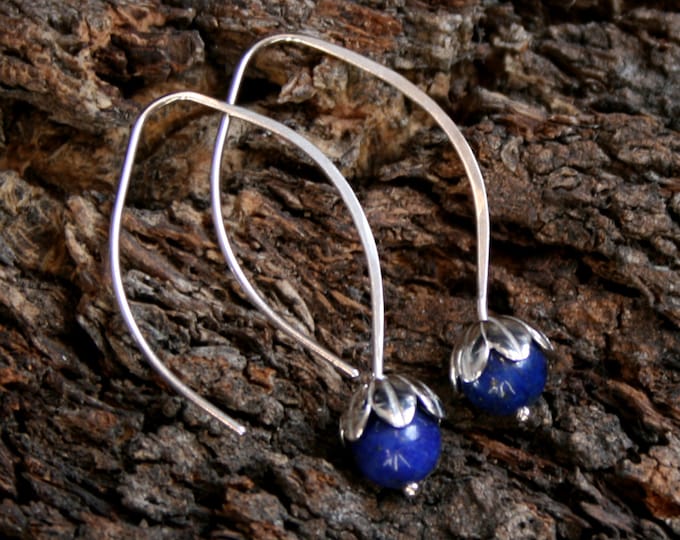 Dew Drop. Sterling Silver and Lapis Lazuli floral drop earrings. Exclusive design. Flower drops. Blue. Choose natural or blackened silver.