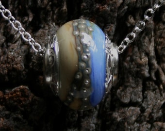 Distant Shores ~ Lampwork big hole Focal bead. Hand made full sterling silver core & end caps. Fine silver wrapped. Organic. Sea and sand.