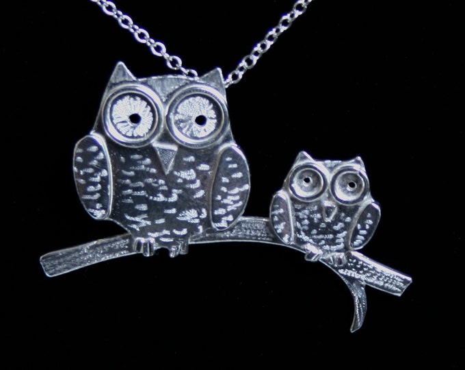 Handmade 'Owlet collection' 'Mom and Baby on a Branch' Pendant. Cute engraved 3D owls on a branch. Hallmarked Eco friendly Sterling Silver