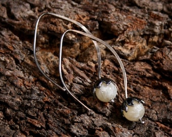 Daisy Drop. Sterling Silver and Matte Honey Jade floral drop earrings. Exclusive design. Flower drops. Choose natural or blackened silver.