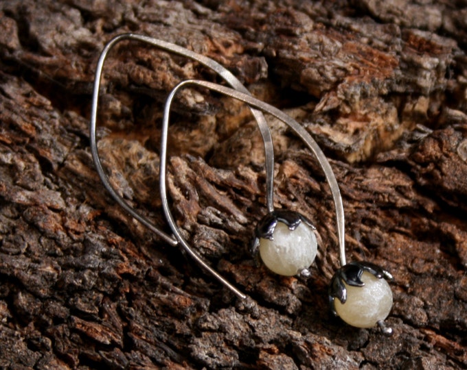 Daisy Drop. Sterling Silver and Matte Honey Jade floral drop earrings. Exclusive design. Flower drops. Choose natural or blackened silver.