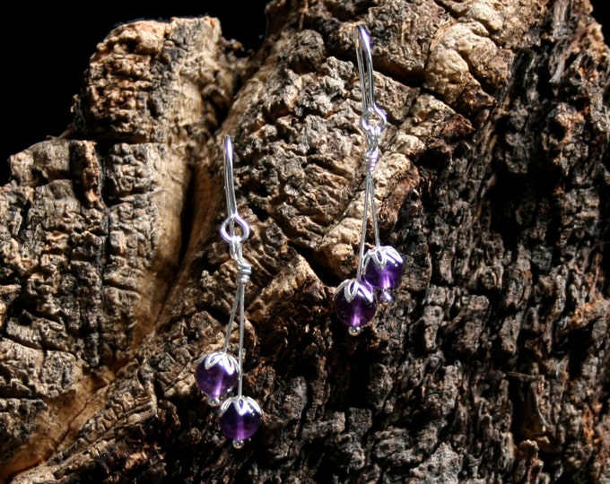 Beautiful Berries. Sterling Silver and Amethyst floral drop earrings. Exclusive design. Flower drops. Purple.