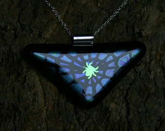 Unique Dichroic Fused Glass Pendant 'Purple Corner web' Teal spider on a purple & black web set on a Sterling Silver bail and chain.