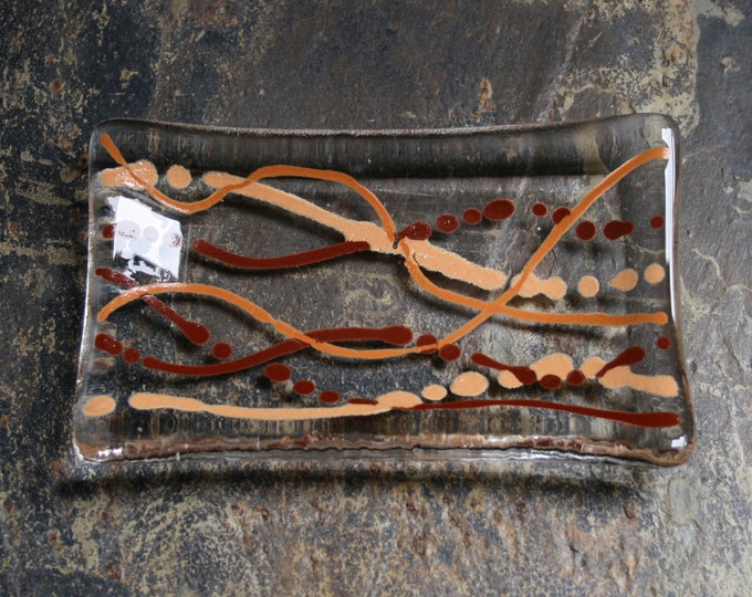 Serpentine series 'Earth'  (D2)    Fused glass soap / trinket / mini sushi / chocolates dish in shades of brown on a clear base.