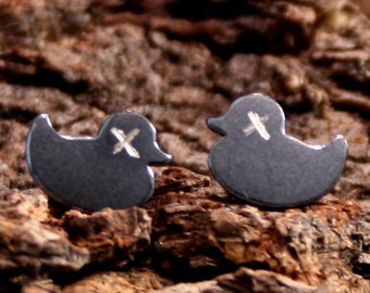 Dead duck. Sterling Silver stud earrings 'Forest friends' collection. Exclusive design. Dead duckie. Duckling. Eco-friendly. Goth, Emo, Punk