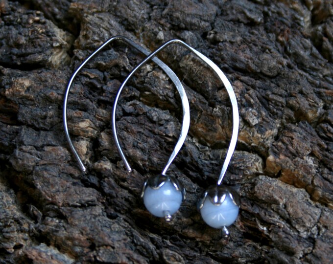 Dew Drop. Sterling Silver and Blue Lace Agate floral drop earrings. Exclusive design. Flower drops. Choose natural or blackened silver.