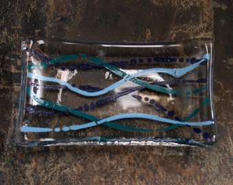 Serpentine series 'Water'  (D2)    Fused glass soap / trinket / mini sushi / chocolates dish in Turquoise, Teal & Dark Blue on a clear base.