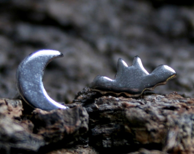 Bat & Moon. Sterling Silver stud earrings. 'Forest friends' collection. Mis-match or 2 the same. Tiny crescent moons and little flying bats.