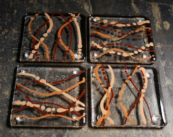 Fused glass coasters. 'Serpentine - Earth'  Shades of brown on a clear base. Squiggly coasters. Choose 2 or 4. Can be customized.