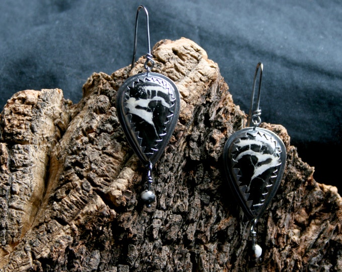 Handmade Zebra Jasper & Sterling Silver earrings. Fully UK hallmarked. One of a kind. Stunning black and white with fancy bezel. Drop/Dangle