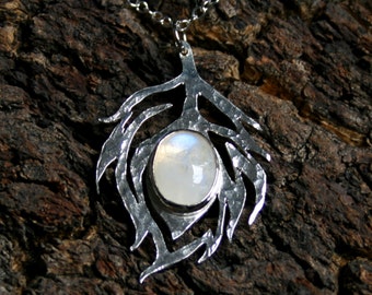 Peacock Feather ~ Rainbow Moonstone & Sterling Silver Pendant.