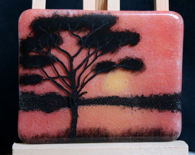 African sunset - Hand painted Kiln Fused art glass 3D painting. Glass art / panel.  One of a kind painted glass panel. Red orange sunset.