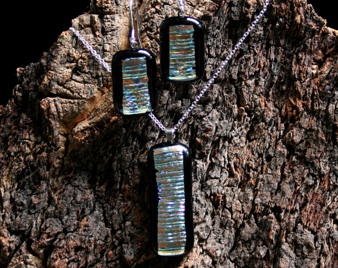Handmade Unique Dichroic Fused Glass boxed gift set 'Rainbow Ridge' Set on a Sterling Silver 925 bail, chain and handmade ear wires.
