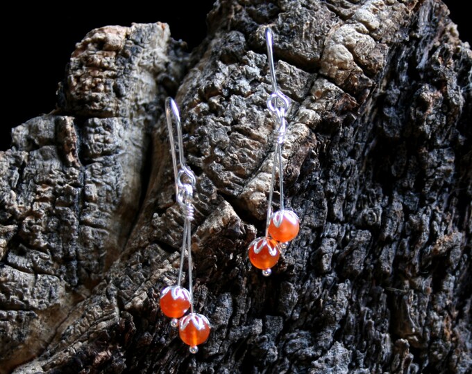 Beautiful Berries. Sterling Silver and Apricot Jade floral drop earrings. Exclusive design. Flower drops. Orange.