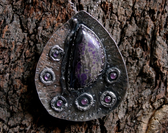 Sugilite & Amethyst pendant. 'Mollusca'. A fully UK Hallmarked, Eco-friendly, Sterling Silver pendant. Purples, silver-grey and black.