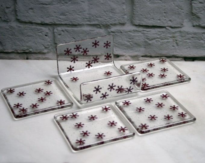 Holder for my fused glass winter coasters 'Copper Snow' - Clear art glass with real copper snowflakes.