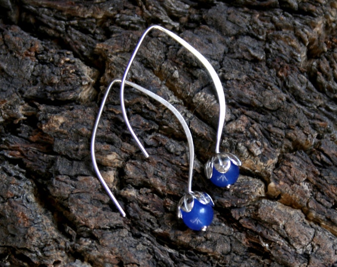 Dew Drop. Sterling Silver and Blue Agate floral drop earrings. Exclusive design. Flower drops. Choose natural or blackened silver.